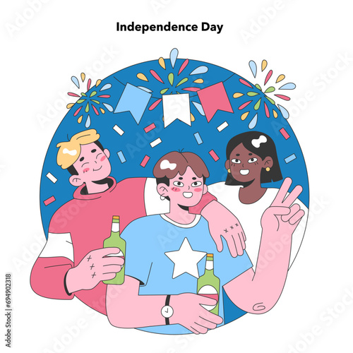 Independence Day Joy. Cheerful friends enjoy fireworks and festivities, celebrating national pride and freedom. Flat vector illustration.