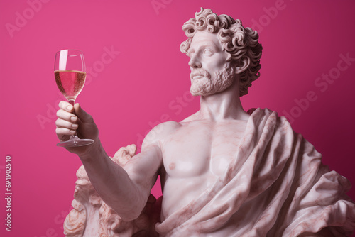 Classical statue holding a glass of white wine against a vibrant pink background. The surreal and modern scene combines ancient art with contemporary elegance. photo