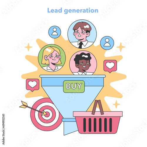 Marketing Funnel set. Targeted consumer group flowing into sales funnel. Purchase conversion strategy. Prospective buyers' interest captured. Flat vector illustration