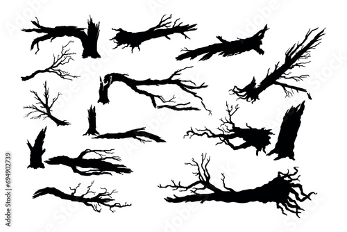 Broken tree isolated silhouettes. Black template of destroyed forest. Fallen wood. Branches and trunks after storm