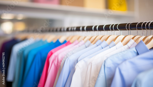 Assorted pastel-colored shirts on hangers in a retail clothing store.