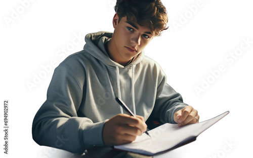 Genuine Concentration of a Teen Boy as he Engages in Literary Creations Isolated on Transparent Background PNG.
