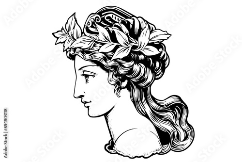 Aphrodite head hand drawn ink sketch. Engraved style vector illustration.