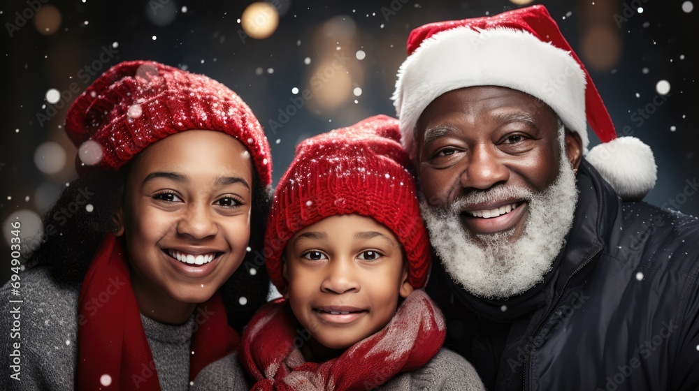 Happy African American family smiling and wearing Santa hats. Family time Christmas celebration. Grandparents and grandchildren. Happy African American family smiling and wearing Santa hats. Family time Christmas celebration. Grandparents and grandchildren.