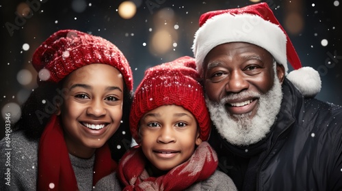 Happy African American family smiling and wearing Santa hats. Family time Christmas celebration. Grandparents and grandchildren.
