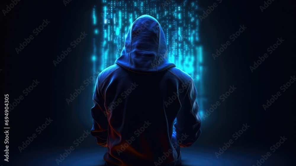 Cybersecurity Vigilance: Hacker Silhouette Reflects Digital Threats