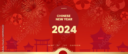 Happy Chinese new year background vector. Year of the dragon design wallpaper with firework, flower, city, pattern. Modern luxury oriental illustration for cover, banner, website, decor.