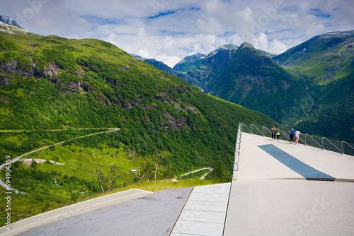 Viewing platform over mountain pass full of hairpin bends, Gaularfjellet, Norway photo