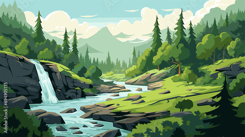 Beautiful landscape with a waterfall in the forest. Vector illustration.