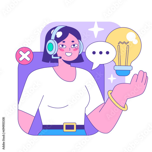 Customer support representative swiftly handles inquiries, balancing rejection and a bright idea in a digital world, all while maintaining a cheerful demeanor. Flat vector illustration.