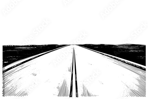 Simple road hand drawn ink sketch highway landscape. Engraved style vector illustration.