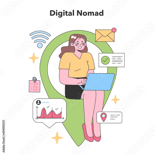 A digital nomad woman works online, showcasing mobile productivity and remote work flexibility, symbolized by Wi-Fi and email icons. Flat vector illustration.
