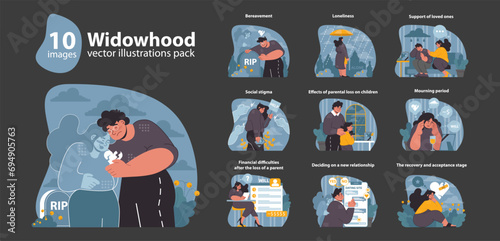 Widowhood set. Navigating life after a spouse's death. Grieving process, social challenges, and finding hope. Flat vector illustration.