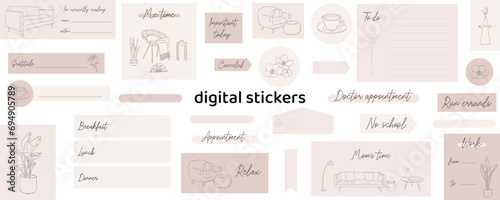 Slow living digital stickers. Digital note papers and stickers for bullet journaling or planning. Digital planner stickers. Vector art.