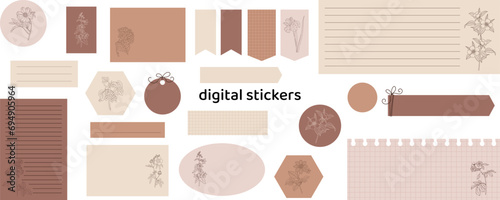 Floral digital stickers. Digital note papers and stickers for bullet journaling or planning. Digital planner stickers. Vector art.