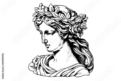 Aphrodite head hand drawn ink sketch. Engraved style vector illustration.