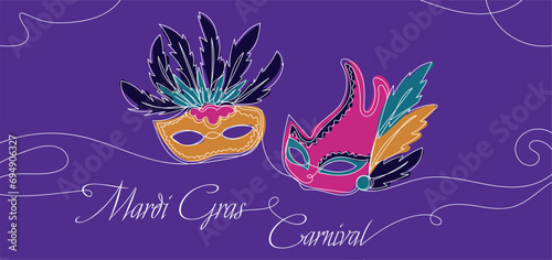 Continuous one line drawing of Mardi Gras Carnival mask. Carnival mask continuous line drawing. Festive two masks outline. Mardi Gras line art banner.