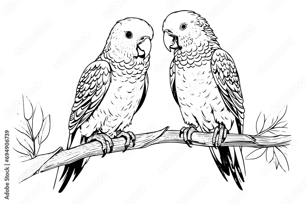 Obraz premium Parrot sitting on a branch hand drawn ink sketch. Engraved style vector illustration.