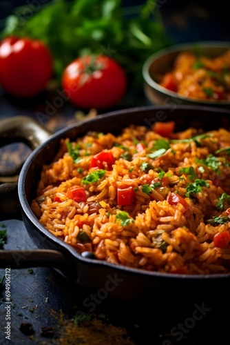 A homemade vegetarian jollof rice with tomatoes, onions and spices