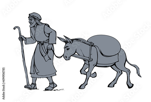 Vector drawing. Donkey loaded with cargo