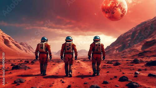 Three astronauts walk on Mars.
