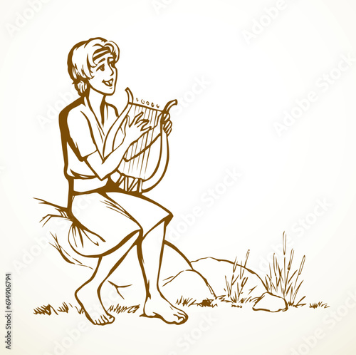 Vector drawing. Guy playing the harp