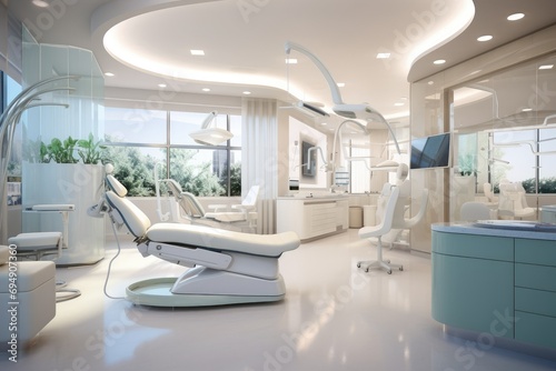 Modern dental office decoration sky color, Dental clinic chair in hospital bed, room, chair, window, Ai generated photo