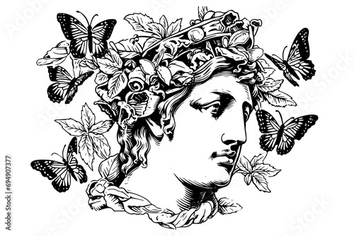 Hermes head hand drawn ink sketch. Engraved style vector illustration.