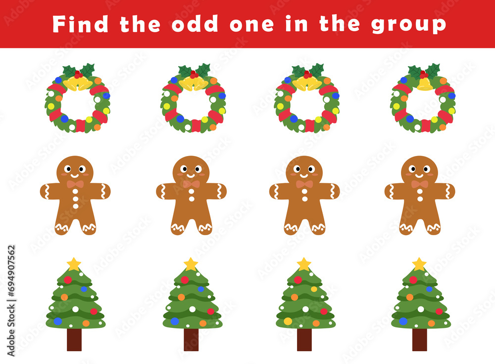 Find the odd one out for toddlers. Spot the difference for kids. Educational quiz worksheet with cute Christmas illustration. Logical activity for children.