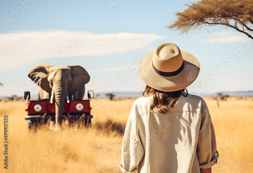 Adventure of a Lifetime: Woman Observing Elephant from Safari Vehicle