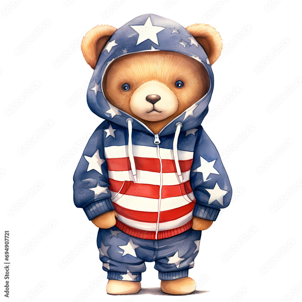 Fototapeta premium Cute Funny Baby Bear Wearing American Flag Clipart Illustration