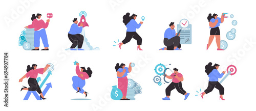 Business strategy set. Diverse professionals in dynamic corporate actions, achieving goals. Flat vector illustration.