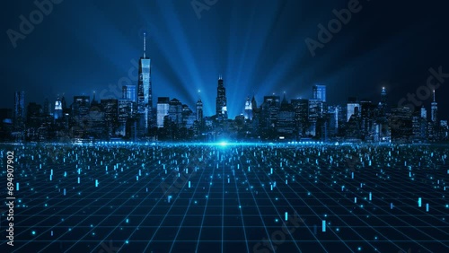 4K Cyberpunk Metaverse crypto currency technology concept, Futuristic network neon city at night background. network digital hologram internet of things on city background.5G network wireless systems. photo