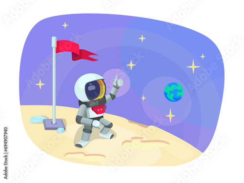 Astronaut shows "like" sign with hand, stands on the moon with the flag. Earth in the background.The concept of success and achieving goals. Nice vector UI illustration for your business.