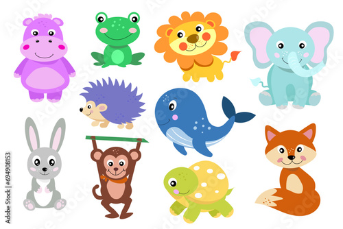 Set of cute wild animals including hippopotamus, frog, lion, elephant, hedgehog, whale, hare, monkey, turtle, fox. Safari jungle animals vector. Forest animals illustration