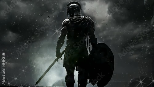silhouette spartan warrior at stunning night, seamless looping video animated background	