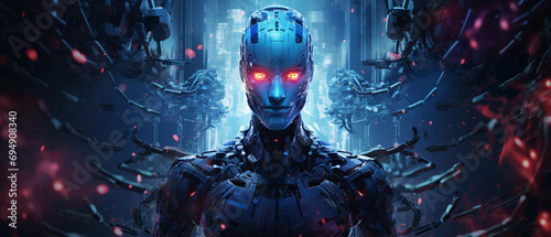 robot on a digital canvas, detailing the interconnectedness of AI networks