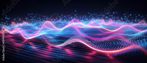 Synthwave-inspired 3D rendering of musical sound waves, with neon pink and blue colors, focusing on the abstract interconnection of dots and lines