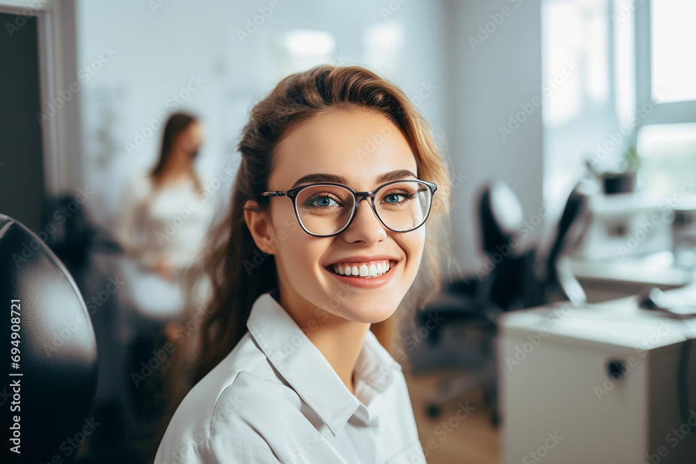 A girl smiles in an ophthalmologist's office. A girl smiles in an ophthalmologist's office.