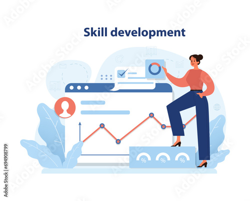 Dynamic illustration of skill development, showcasing an individual's progress with analytical charts and educational tools. Professional growth visualized. Flat vector illustration.