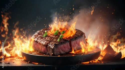 Delicious steak on fire, seamless looping video animated background	 photo