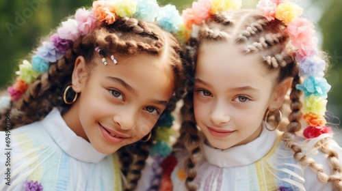 Two young girls with braids and flowers in their hair