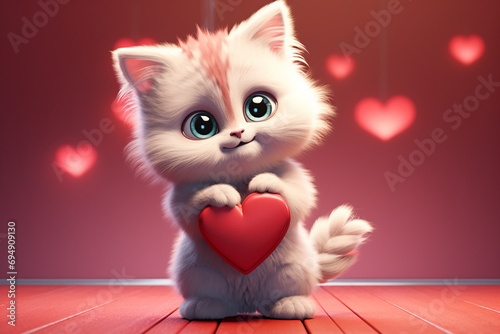 3D kitten with a red heart. Valentine's card. © OLGA RA