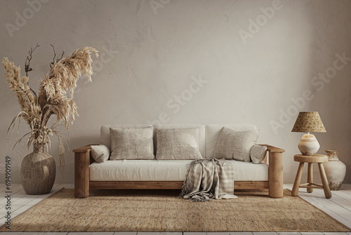 Fototapeta Naklejka Na Ścianę i Meble -  Wabi sabi style interior with copy space on the limewash wall background. Wall mockup, 3d rendering 

