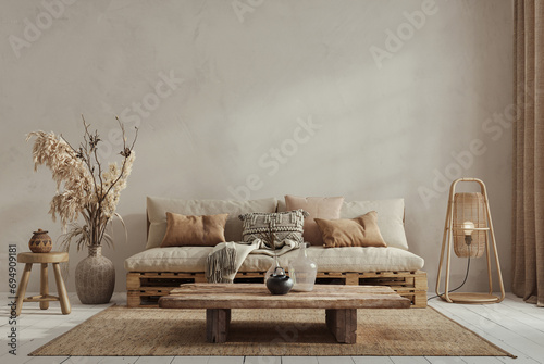 Wabi sabi style interior with copy space on the limewash wall background. Wall mockup, 3d rendering 
 photo