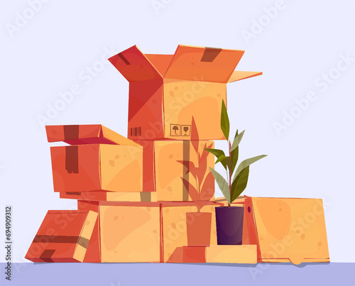 illustration de tas de cartons de déménagement dans un style cartoon sur fond bleu