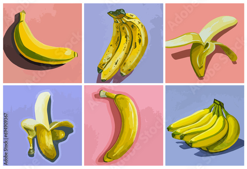 collection de bananes dans un style pop art flat design sur fond bleu et rose
