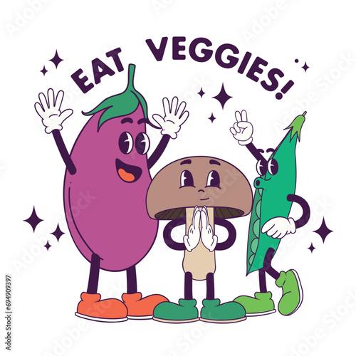 Eat veggies! Vector cartoon illustration of cheerful vegetable mascots with an appeal to add more vegetables to the diet