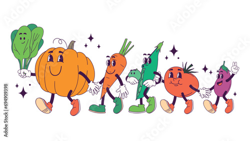 Vector cartoon illustration of veggies mascots. Smiling vegetarian ingredients walking holding hands pumkin spinach carrot tomato peas eggplant. Concept of varied and balanced nutrition