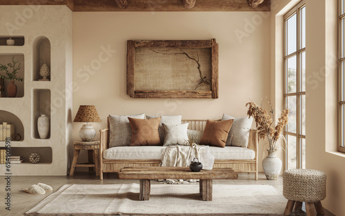 Fototapeta Naklejka Na Ścianę i Meble -  Warm wabi sabi style interior with clay niche, beige walls and ethnic home decor. Wall mockup, 3d rendering 
